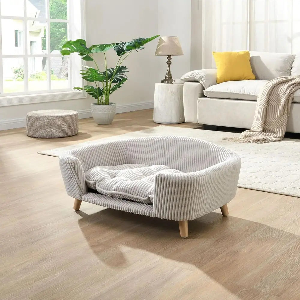 Beautiful Elevated Orthopedic Sofa Bed for Small Dogs-Foam Cushioned Dog Couch with Wooden Legs- Modern-Light Beige-Small Breeds-Beds & Blankets