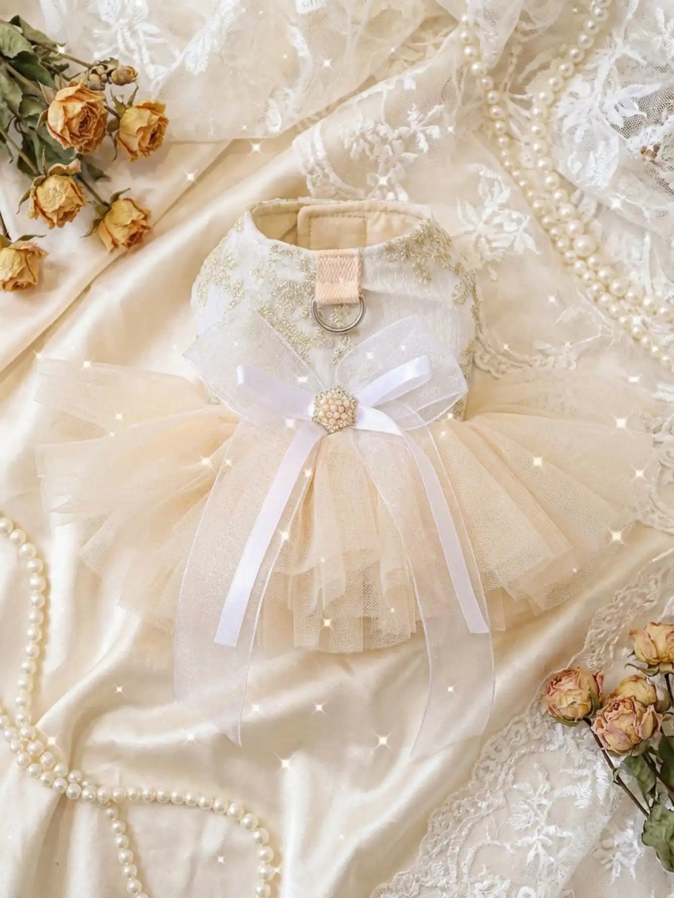 Beautiful 1Pc Luxury Pet Princess Wedding Dress- Thin Spring Summer Outfit- Gold Floral Embroidery- Pearl Bow Decor- Built-in D-ring For Traction-Sizes XS-XL-Costume/Apparel