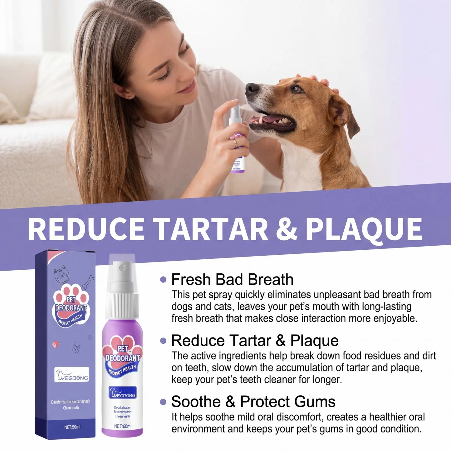 Pet Deodorant Breath Spray-1pc Pet Bad Breath Eliminating Spray-Natural Ingredients Like Menthol Coconut Extract- Decompose Tooth Dirt Freshen Breath- Easy To Use-Pet Grooming