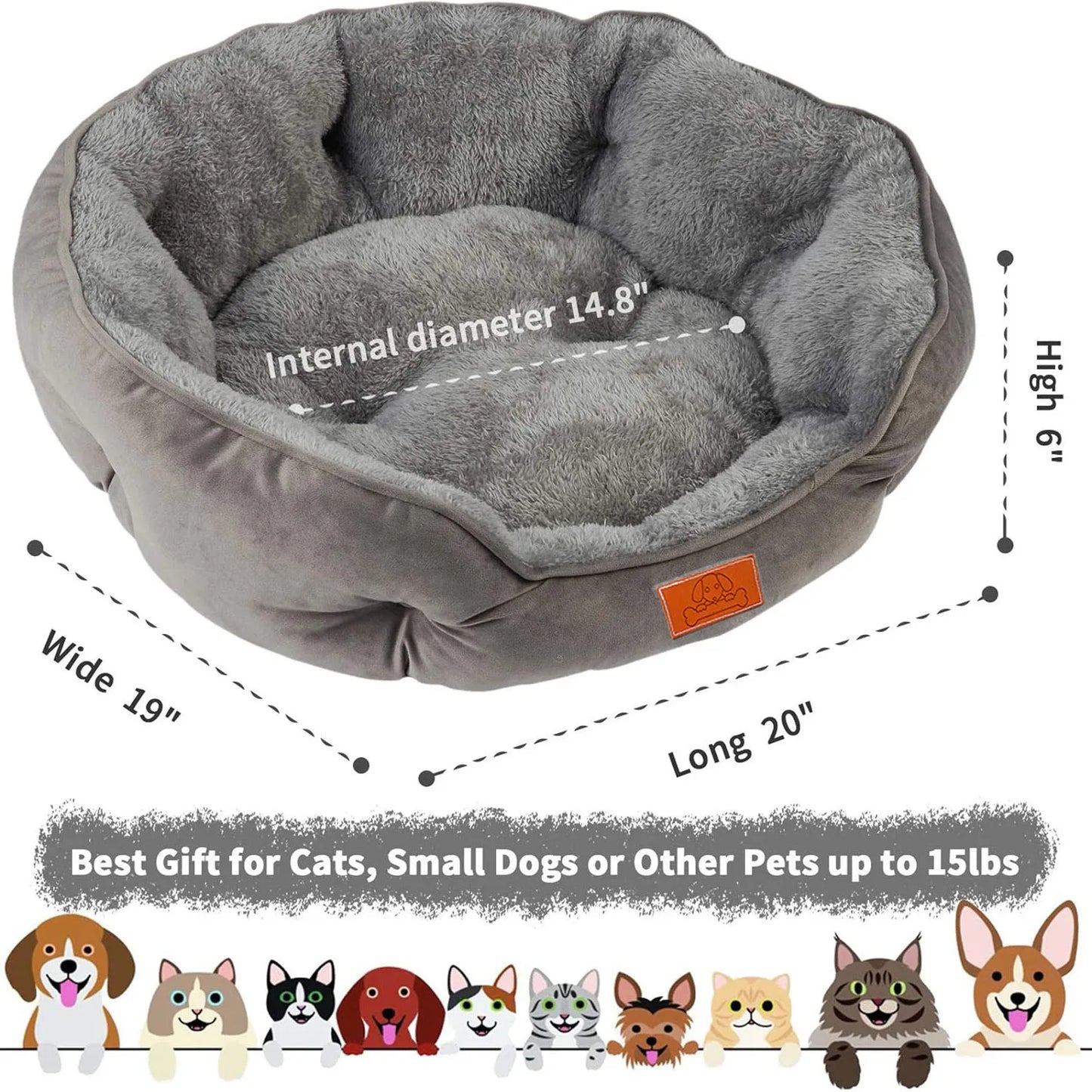 Pet Bed- Soft Washable- Non-Slip Base- Water Resistant- Grey, 50 cm