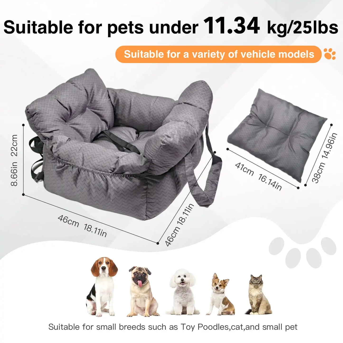 2-in-1 Dog Car Seat/ Carrier Bag - Detachable with Handles and Safety Belt- Travel Dog Booster Seat for Small Medium Dogs Cats