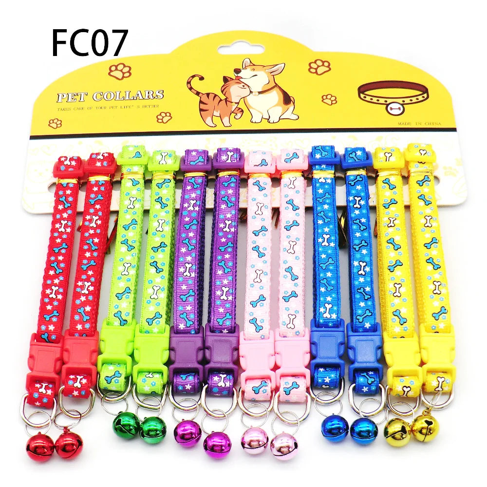 12Pcs Wholesale Mix Color Anti-Lost Dog Collars- Pet Cat Puppy Buckle Collar with Bell- 6 Colors Footprint