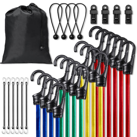 SucceBuy 32pcs Elastic Bungee Cords Straps- Assorted Lengths -Heavy Bungee Ropes for Bike Tents Camping RVs Trunks Luggage Racks