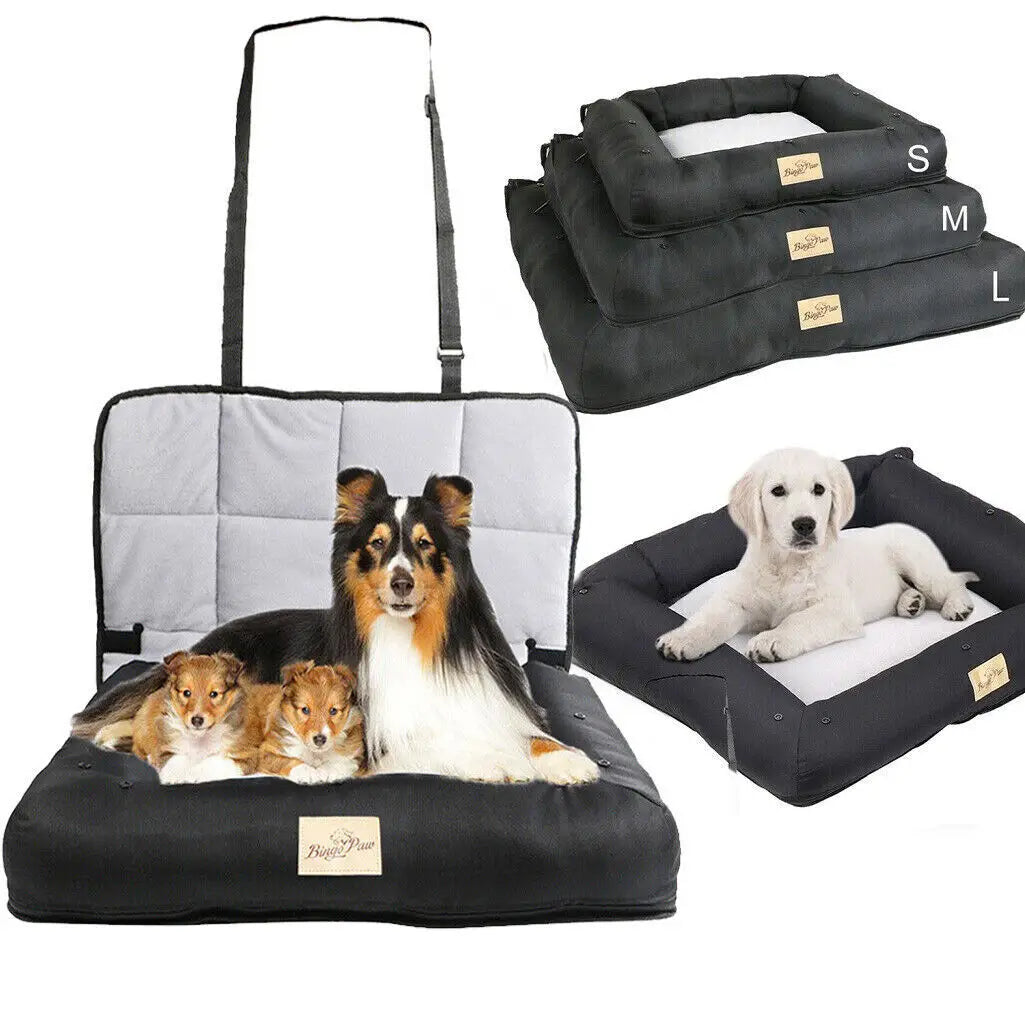 Dog Car Seat Bed-Waterproof Pet Cushion Bed - Dog Carrier with Removable Pad Cover/Safety Belt- Sizes