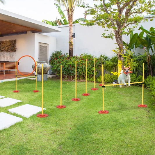 PawHut 3PCs Dog Agility Training Equipment- Outdoor Obstacle Course Starter Kit with Hoop, Hurdle, Weave Poles, and Carrying Bag