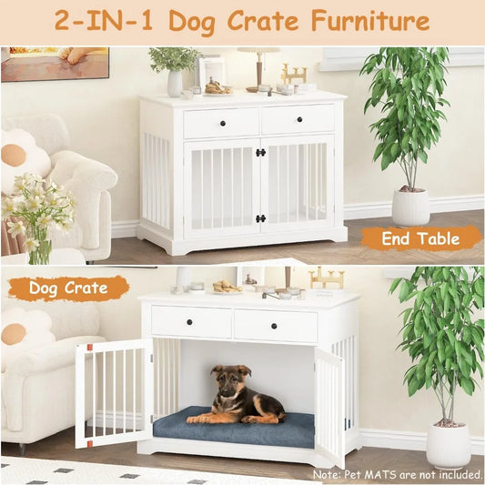 Dog Crate Furniture-44" Wooden Dog Kennel Indoor With 2 Storage Drawers- Heavy Duty Dog Crate Furniture