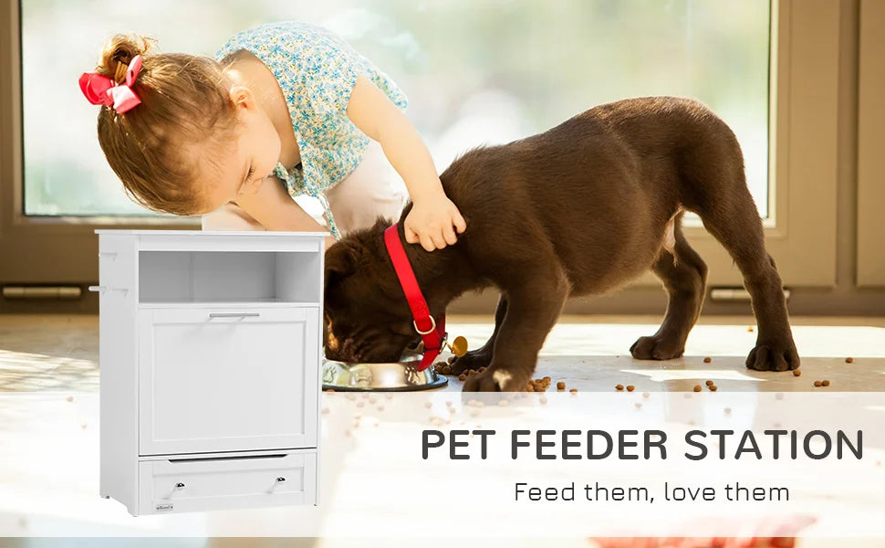 Dog Feeding Station with Raised Bowls/ Storage Cabinet- Pet Feeder Organizer with Hanger for Food & Water-Pet Bowl/Feeding