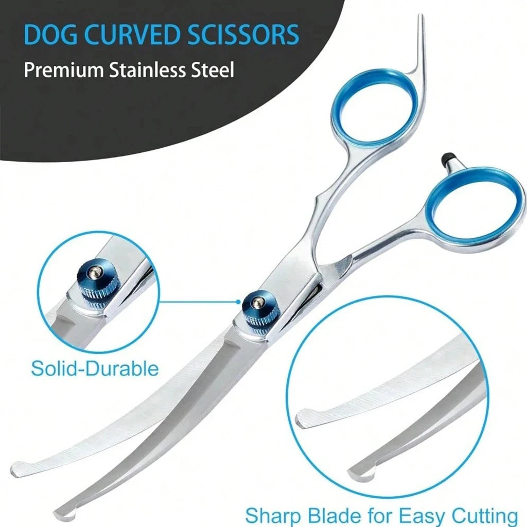Professional Pet Grooming Scissors Kit- Stainless Steel -Dog/ Cat Hair Cutting Thinning -Curved Straight Trimmer Shears with Comb/Case-Pet Grooming