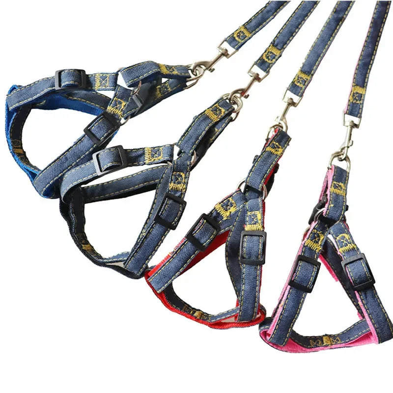 3 pcs Denim Dog Collar Harness Set- Pet Accessories-Collar/Leashes