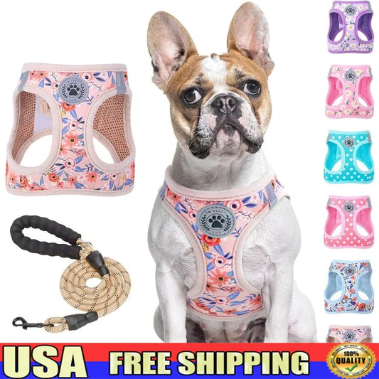 Floral Dog Harness and Leash Set- No Pull No Choke Escape Proof -Step In Vest Padded Handle Lightweight Durable Breathable Small
