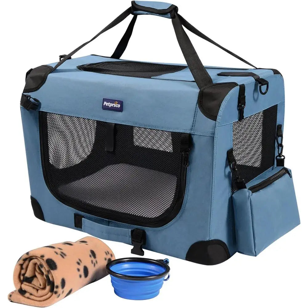 Portable Collapsible Dog Crate- Travel Pet Carrier with Soft Warm Blanket- Foldable Bowl -Small Dogs Indoor Outdoor
