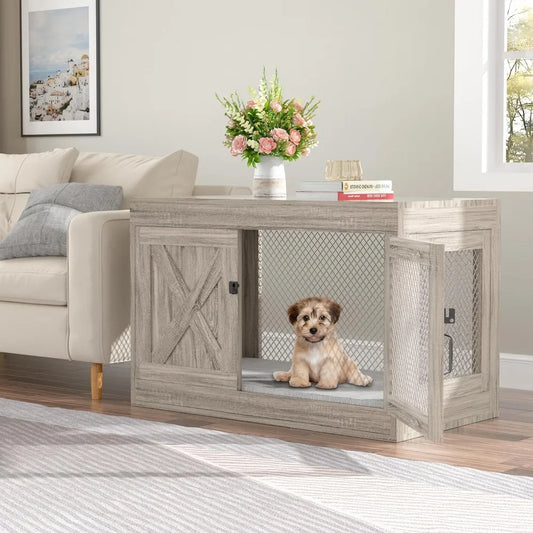 Dog Crate Furniture with Double Doors-36" Wooden Dog Kennel with Mesh- End Table -Indoor-Small Medium Dogs