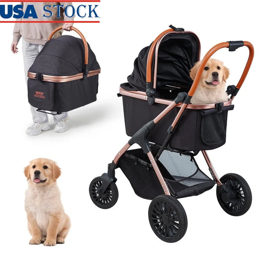 3-in-1 Pet Stroller- Foldable Dog Cart with Storage Basket- Aluminum Frame- Large Wheels- Adjustable Handle- Safety Leash- Breathable