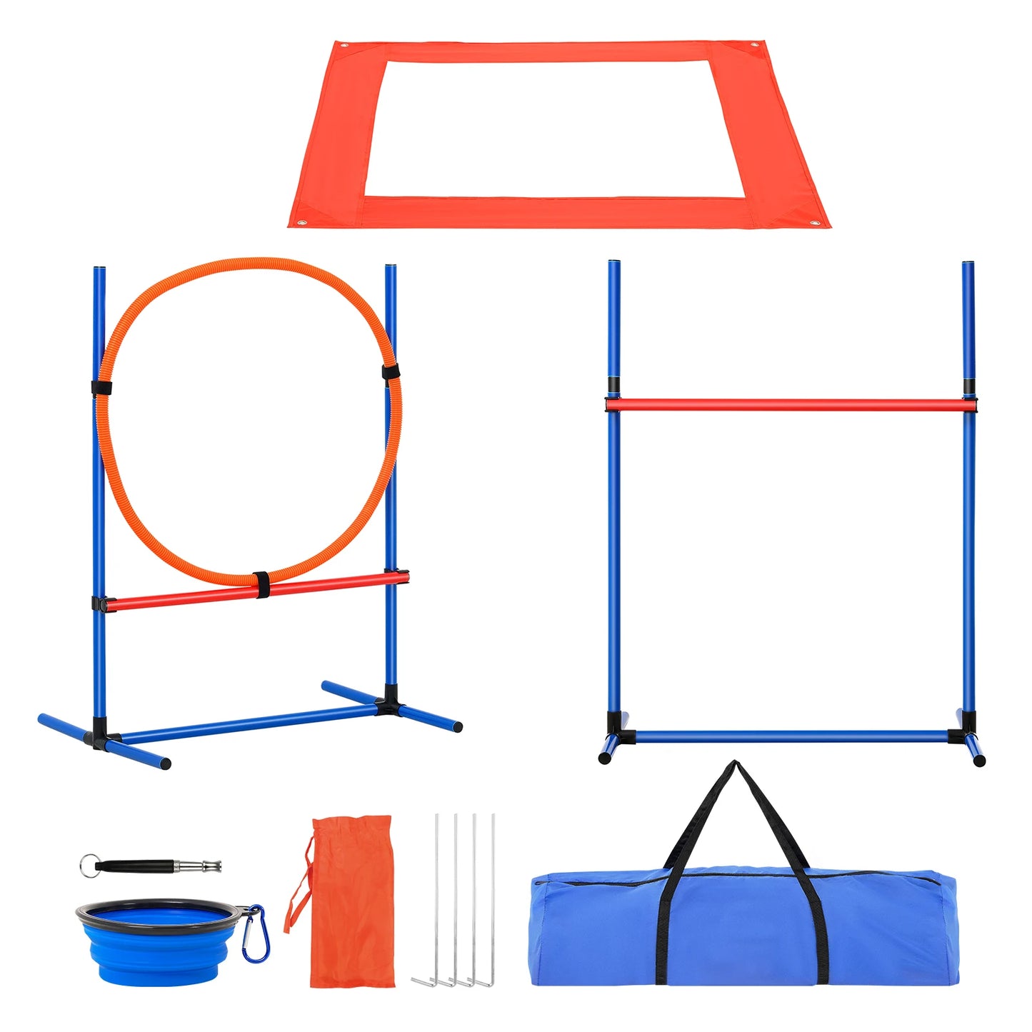 Dog Agility Training Equipment- 4 PCS Set with Adjustable High Hurdles- 6 Weave Poles -Jump Ring- Square Pause Box- Whistle-Training