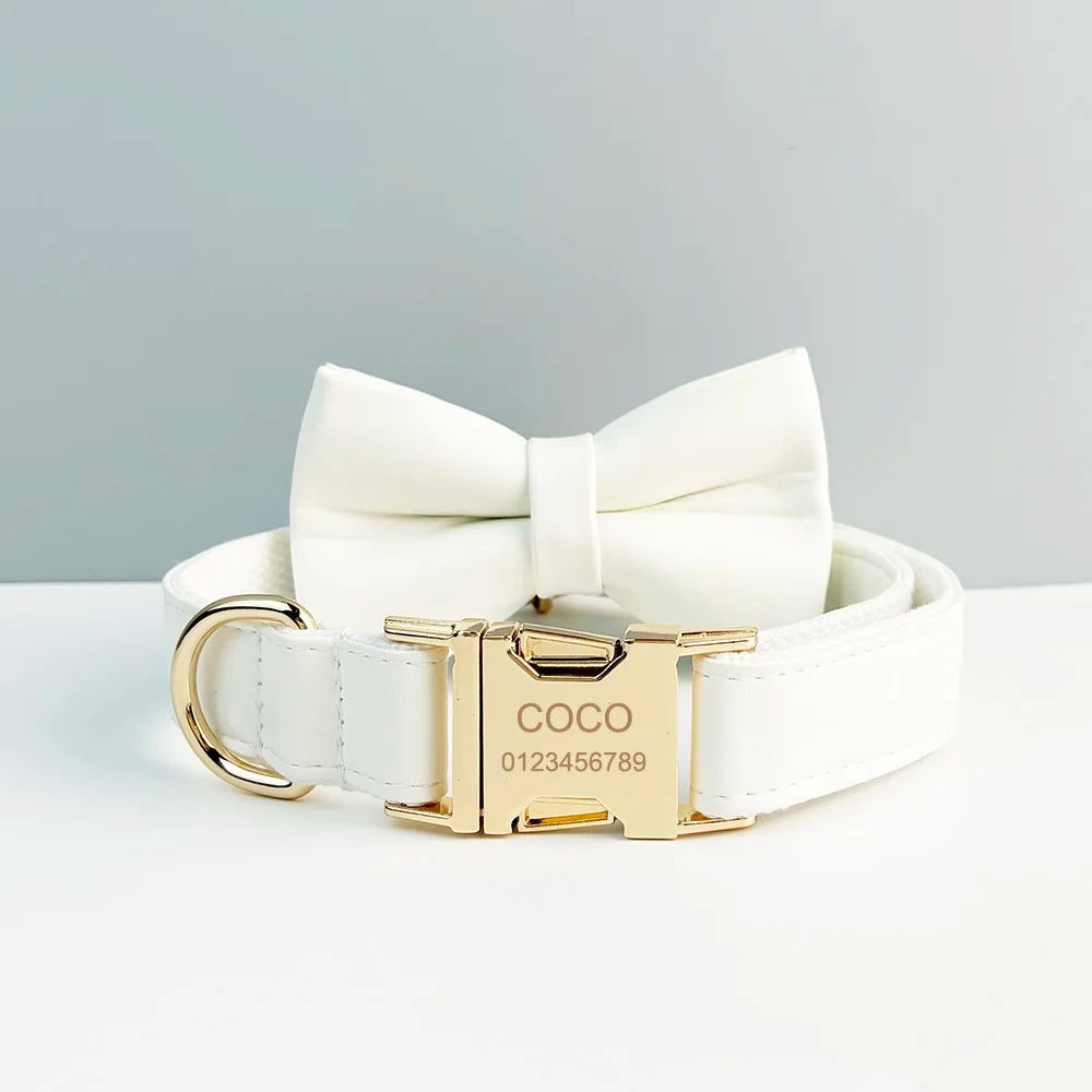 White Leather Dog Collar/Leash Set- Custom Engraved Nameplate- Collars/Leashes