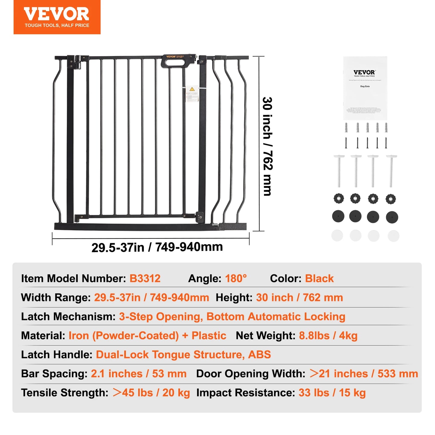VEVOR Gate 28/30/36 Inches High -Dog Gate Easy Step- Walk Thru Child Pet Security- Pressure Mount Kit- Wall Cups Doorways-Pet Stairs