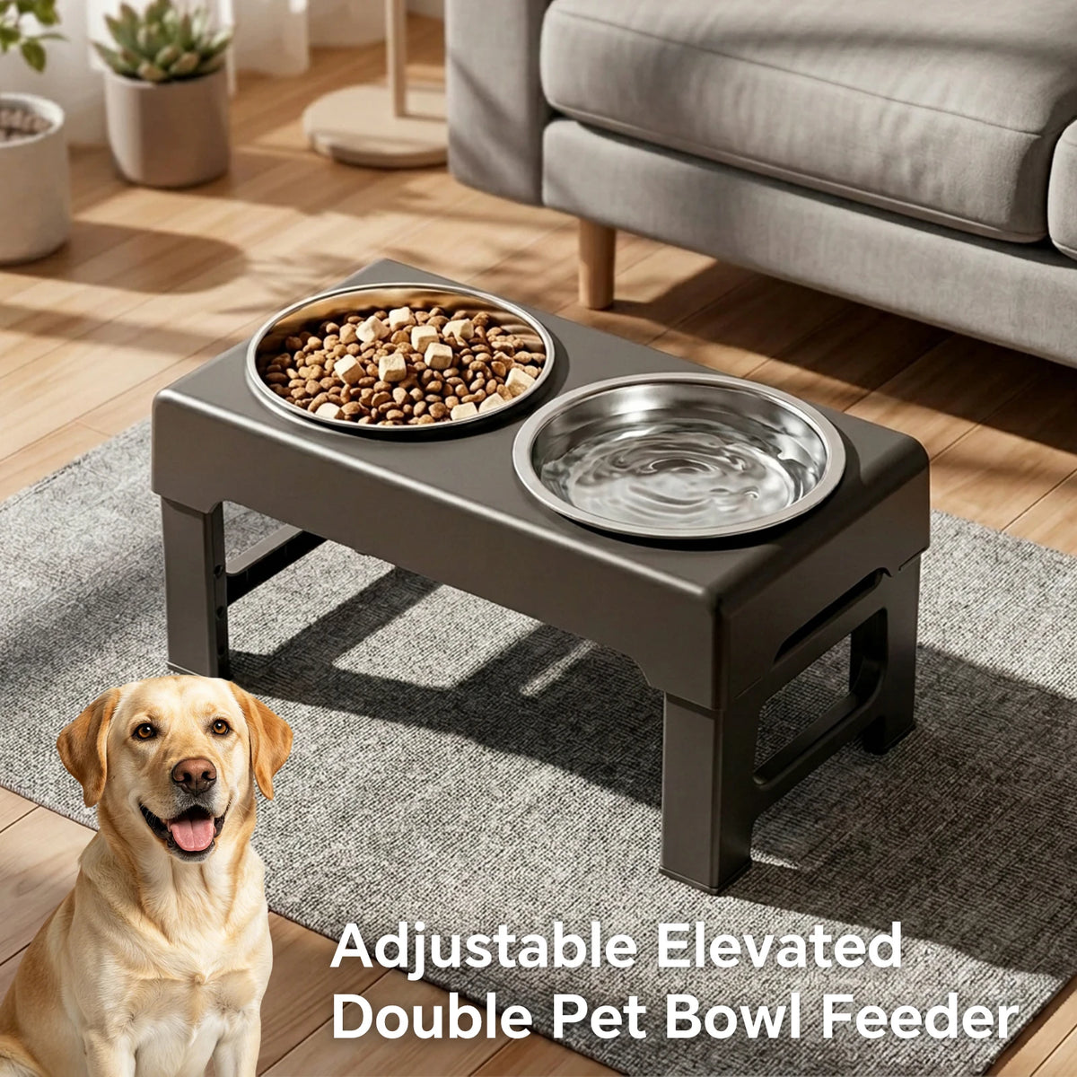 Raised Adjustable Height Dog Feeder- Elevated Double Stainless Steel-Food/Water Bowl- Non‑Slip Base- Anti‑Spill Design- Ergonomic Design- Slow‑Feed For Small Medium Large Dogs-Pet Bowls/Feeding