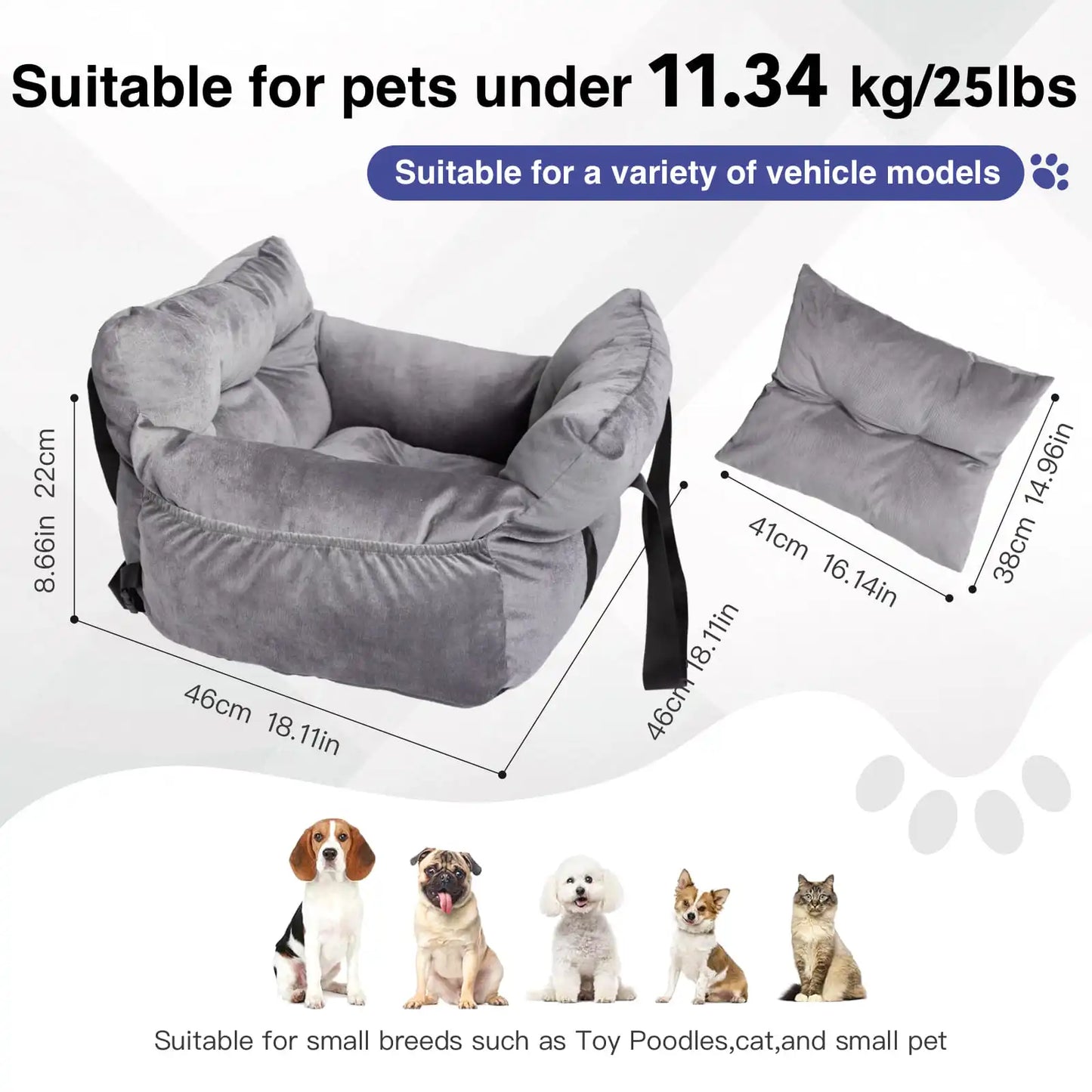 2-in-1 Dog Car Seat/ Carrier Bag - Detachable with Handles and Safety Belt- Travel Dog Booster Seat for Small Medium Dogs Cats