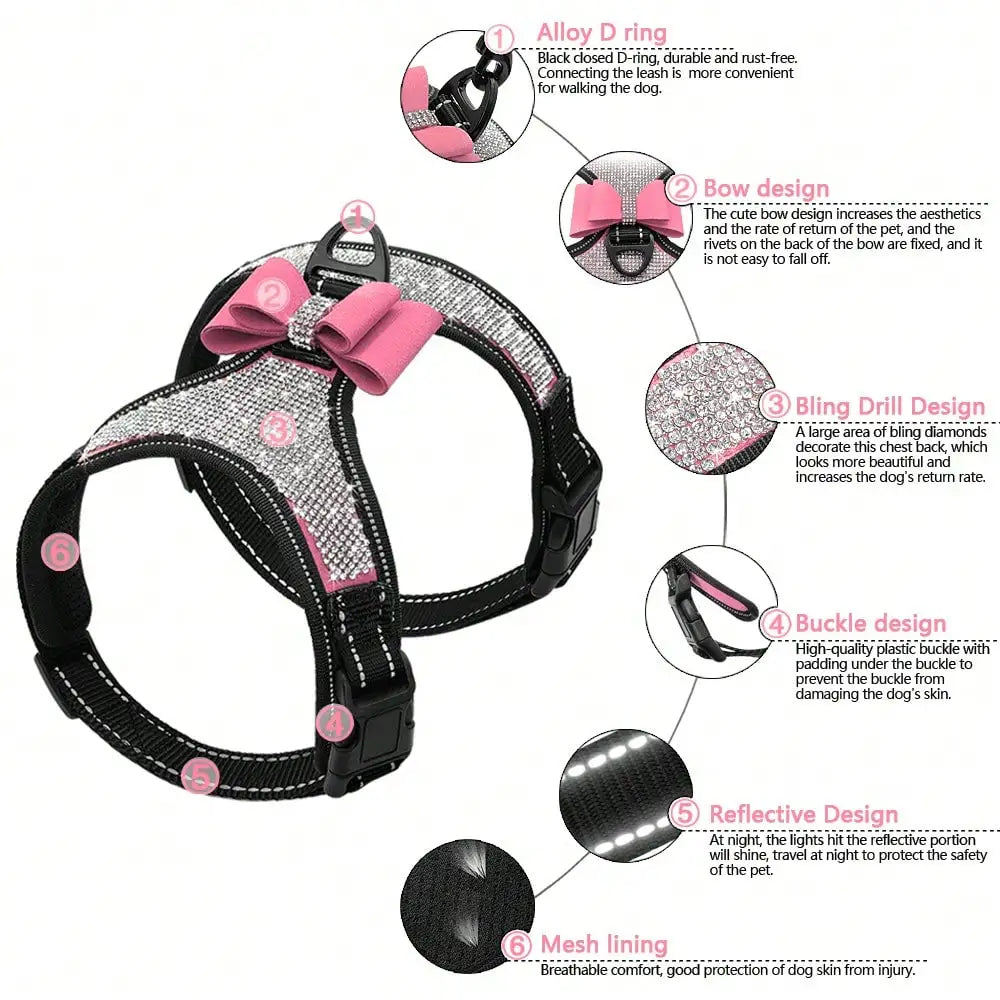 Bling Korean Style Plush Rhinestone Dog Harness- Reflective -Adjustable- Breathable-Sizes S M L-Collars/Leashes