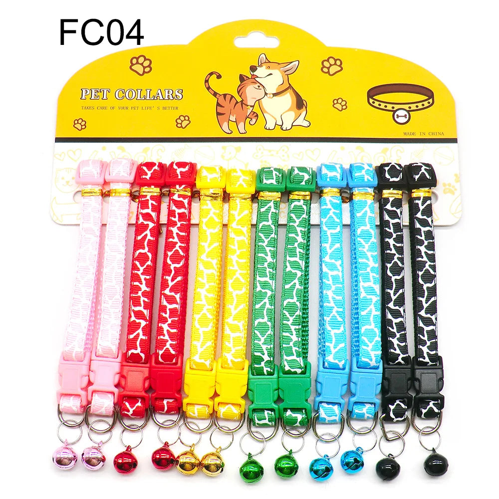 12Pcs Wholesale Mix Color Anti-Lost Dog Collars- Pet Cat Puppy Buckle Collar with Bell- 6 Colors Footprint