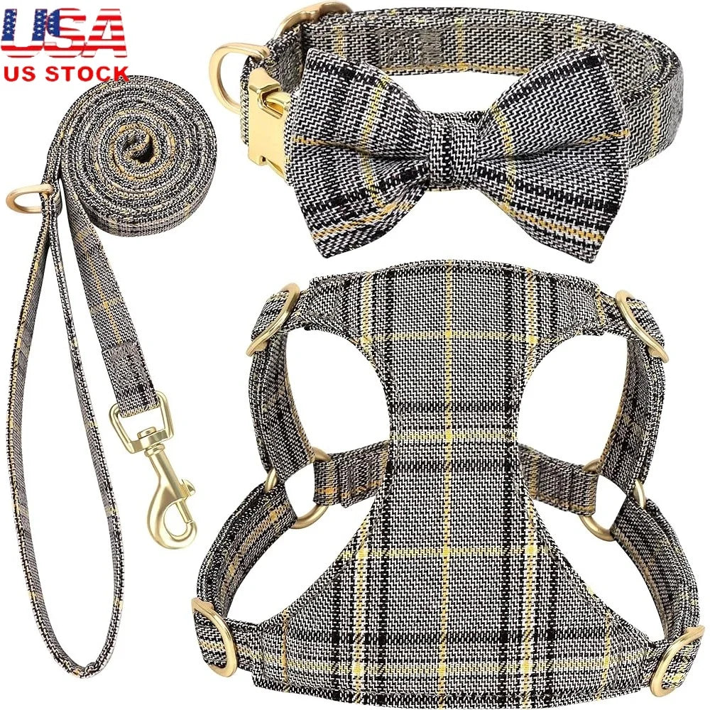 Cute Small Dog Harness Set- Adjustable Soft Plaid Pet Collar -Leash Bowtie Puppies Walking Parties- Comfort Durable Design