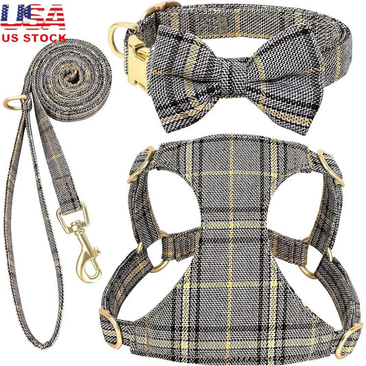 Cute Small Dog Harness Set- Adjustable Soft Plaid Pet Collar -Leash Bowtie Puppies Walking Parties- Comfort Durable Design