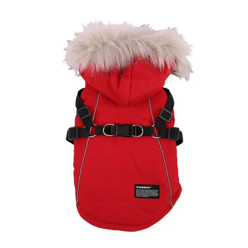 Autumn Winter Warm Pet Dog Jacket With Harness/ Hoodie- Dog Padded Coat with Imitation Fur Hat -For Small Medium Dogs Puppy Coat