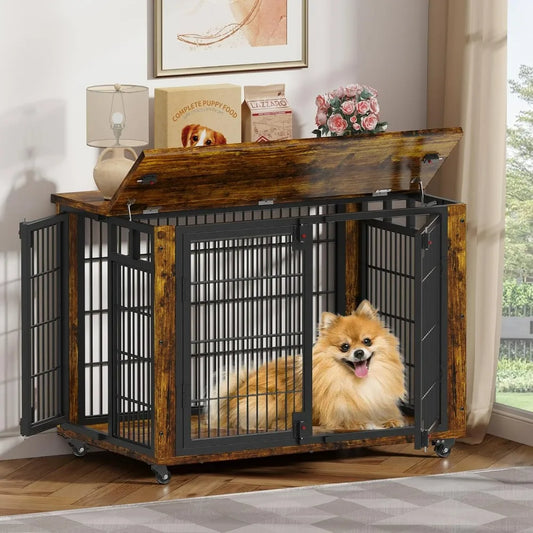 Wooden Dog Crate Furniture-Small and Medium Dog Kennel- Indoor Furniture with Top-Access-2 Doors