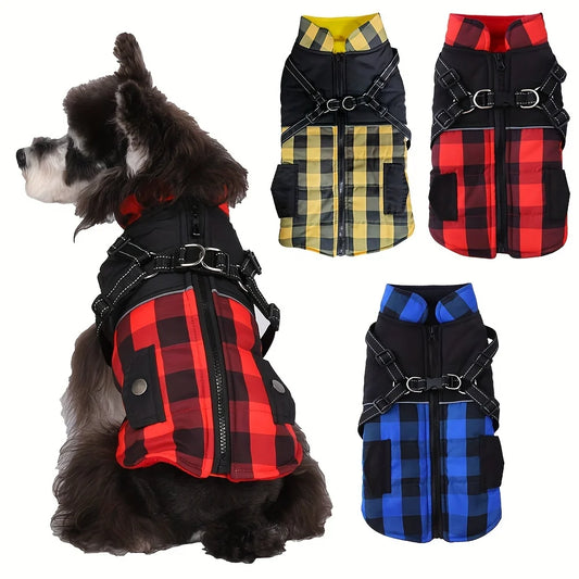 Plaid Thicken Padded Pet Dog Jacket With Harness For Cold Weather -Windproof Winter Dog Jacket Coat- For Small Medium Large Dog
