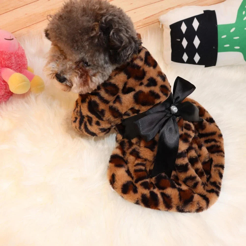 Winter Warm Dog Fashion Color Skirt- Fleece- Warm Rainbow Candy Color- Cute Plush Skirt Leopard Print with Bow-Costumes/Apparel