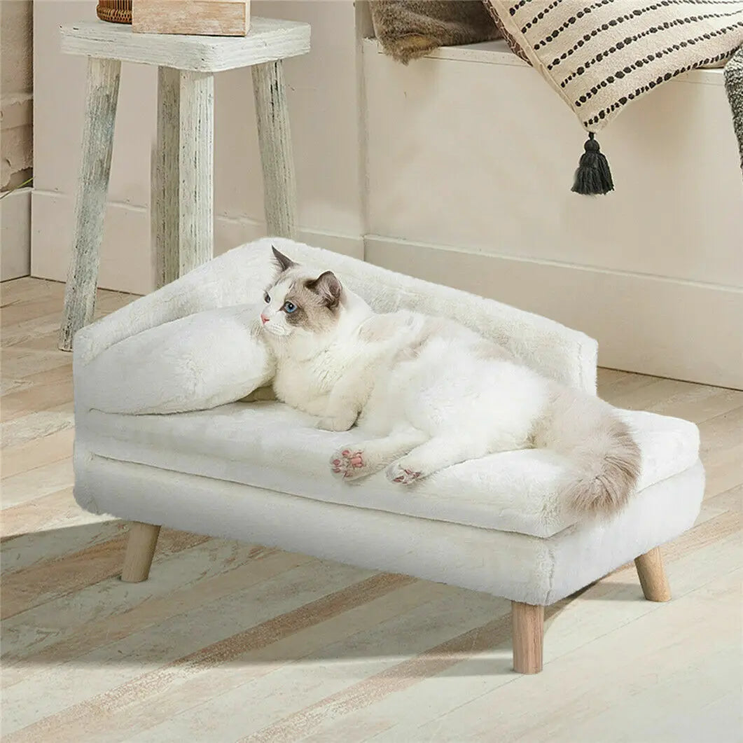 Elevated Pet Bed Solid Wood Leg Dog Cat Sofa for Indoor  L Shape Plush Couch Lounge with Soft Pillow-Sizes S/M-Beds & Blankets