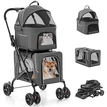 Double Dog Stroller for 2 Dogs- Detachable Carriers-Safety Belt- 4 Lockable Wheels-Pet Travel Carrier Stroller
