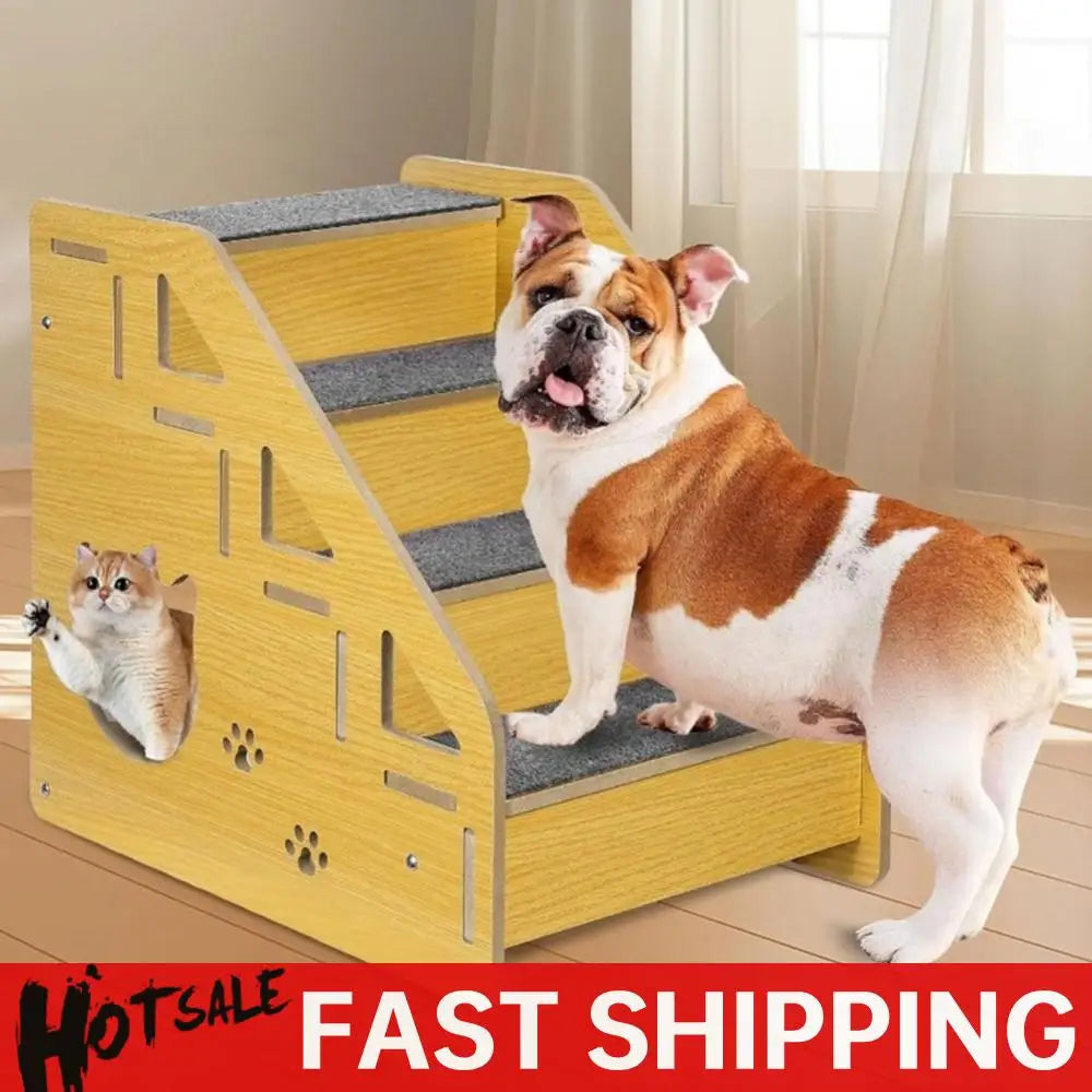4-Step Wooden Pet Stairs- Nonslip Carpeted Indoor Pet Steps