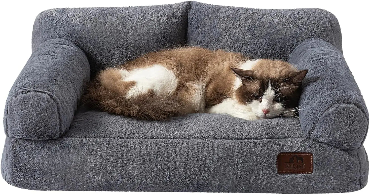 Fluffy Plush Pet Couch Bed- Soft Calming Sofa for Medium/Small Pets- Gray-Bed & Blankets