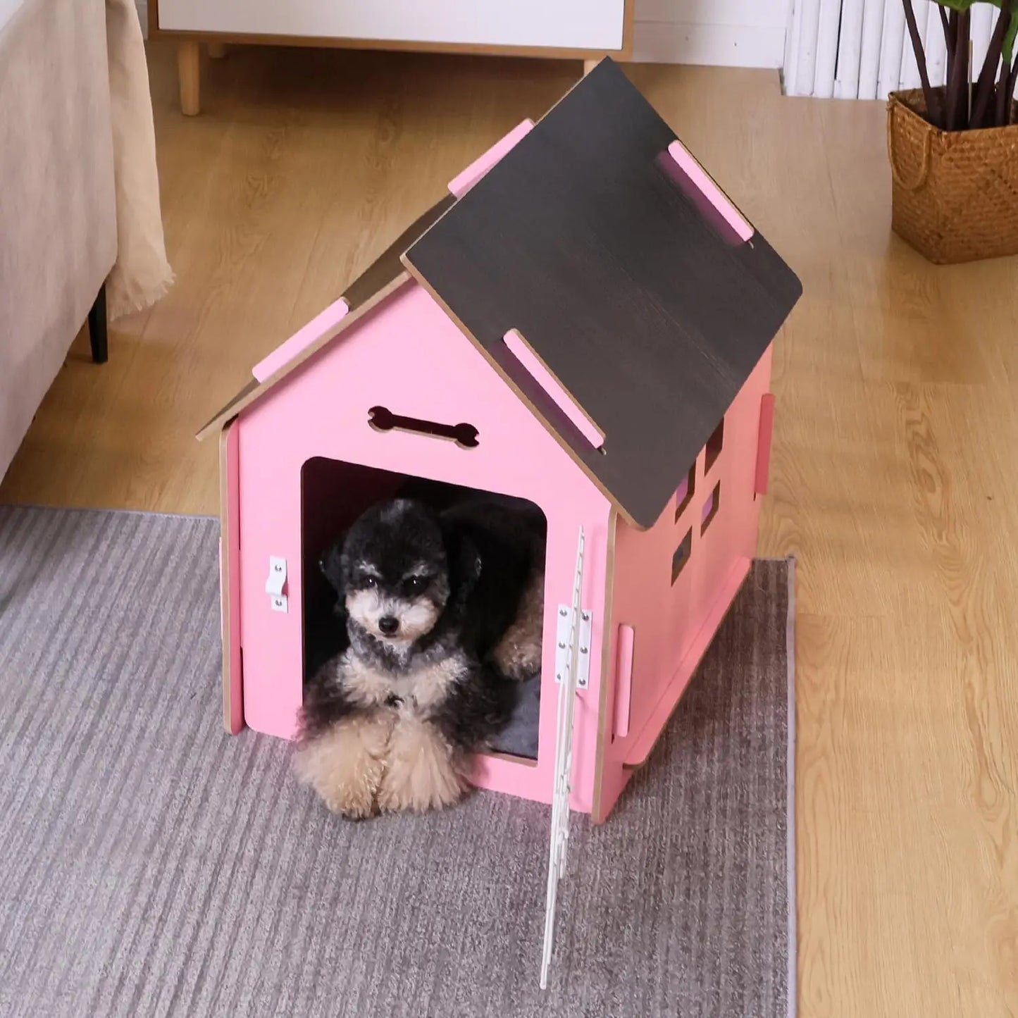 Cozy Wooden Pink Indoor Dog House Crate for Small Dogs with Air Vents and Elevated Floor-Crates