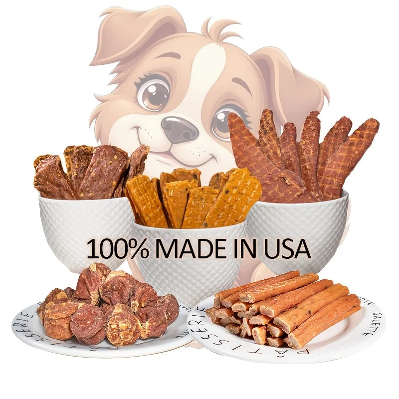 Food Dog Snacks- Delicious Beef Jerky-Duck Jerky-Chicken Jerky- Sweet Potato Sticks-Turkey Meatballs-Dried Salmon- Pet Bowls/Feeding
