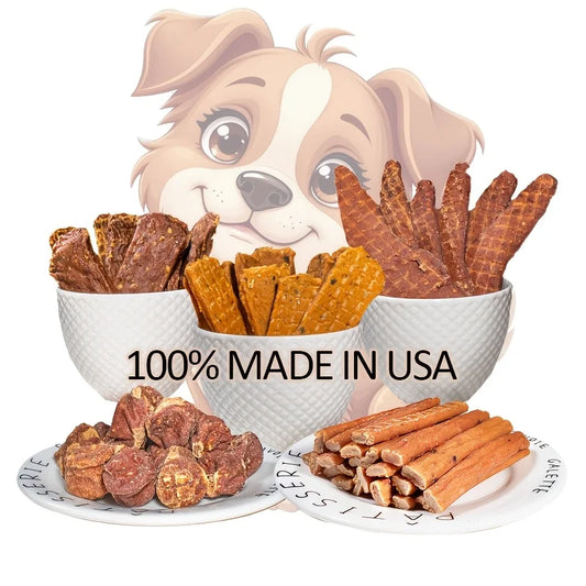 Food Dog Snacks- Delicious Beef Jerky-Duck Jerky-Chicken Jerky- Sweet Potato Sticks-Turkey Meatballs-Dried Salmon- Pet Bowls/Feeding