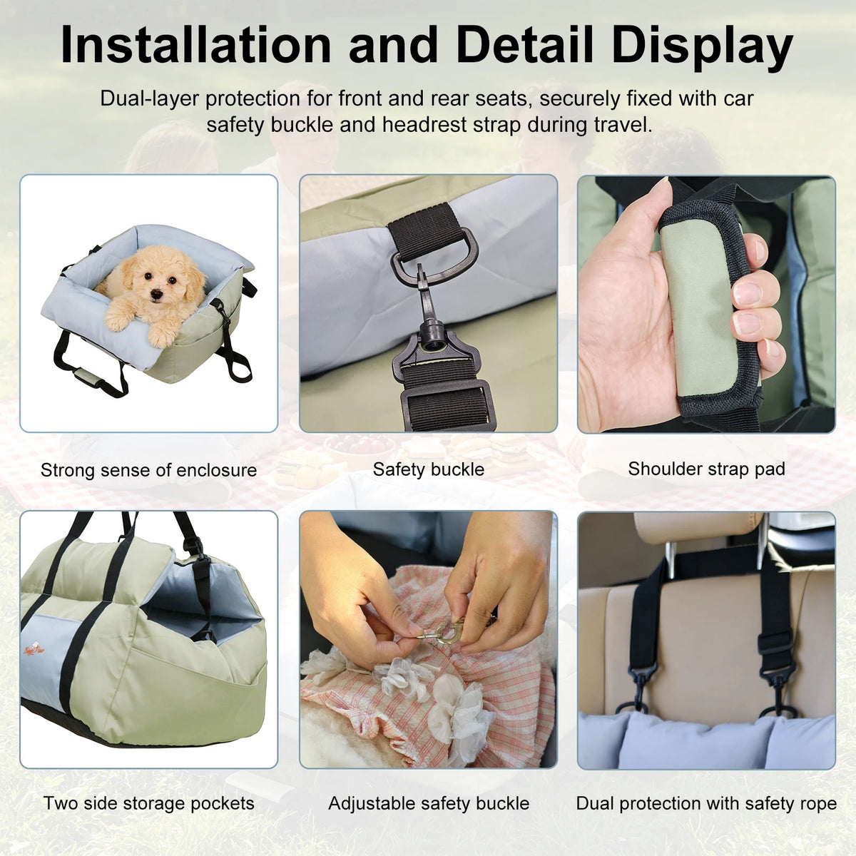 Portable Dog Car Seat-Booster Seat-Travel Carrier- Bed with Safety Belt- Storage Pocket- Removable/Washable Cover-Beds & Blankets