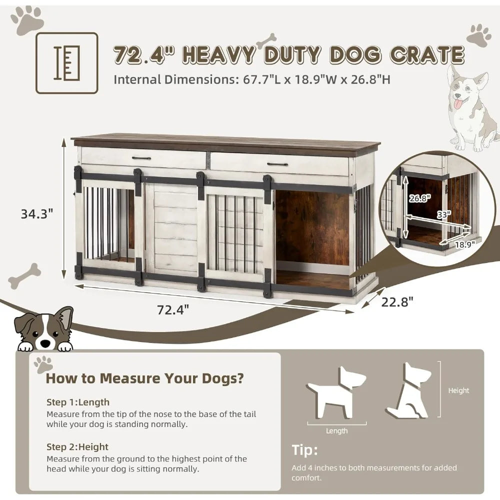 Dream  Solid Wood Dog Crate Furniture, 72.4" Wooden Indoor Dog Kennel Furniture