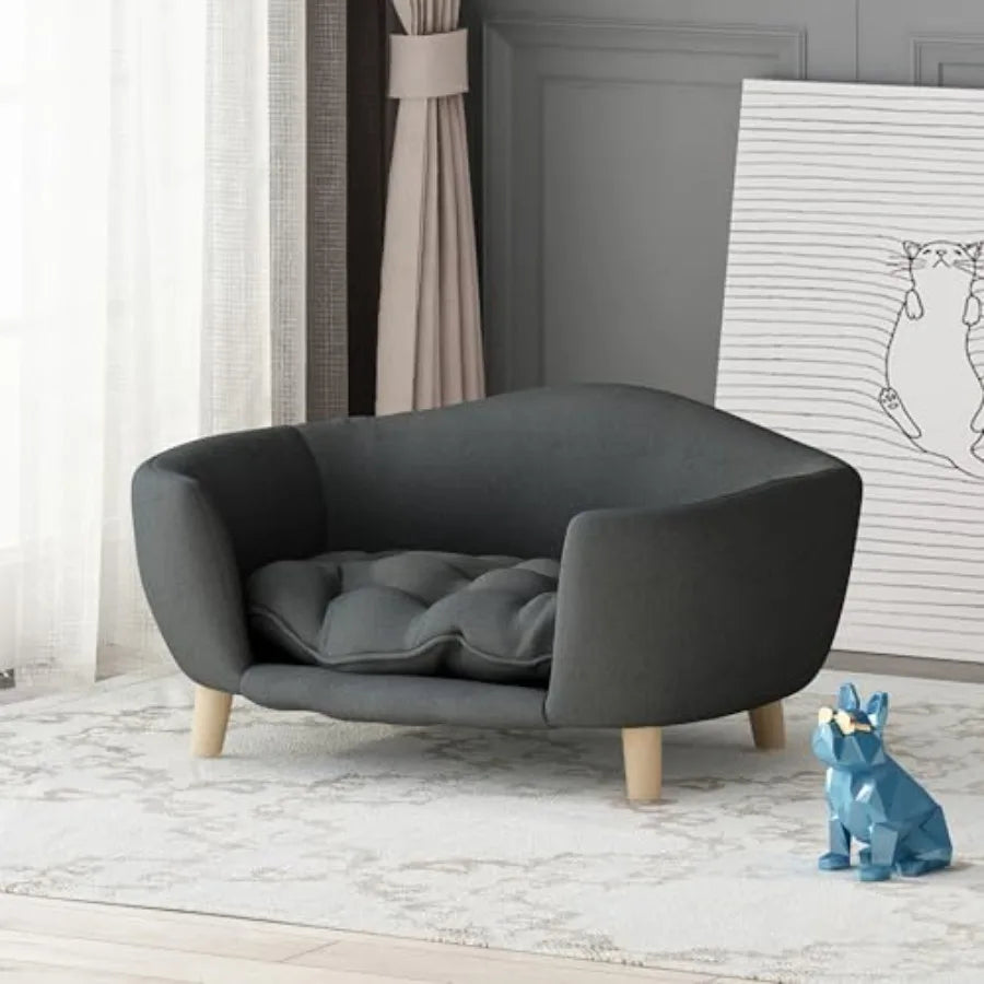 Corduroy Sofa Bed for Medium and Small Dogs- Velvet Dog Bed with Soft Cushion/Durable Wood Legs-Beds & Blankets