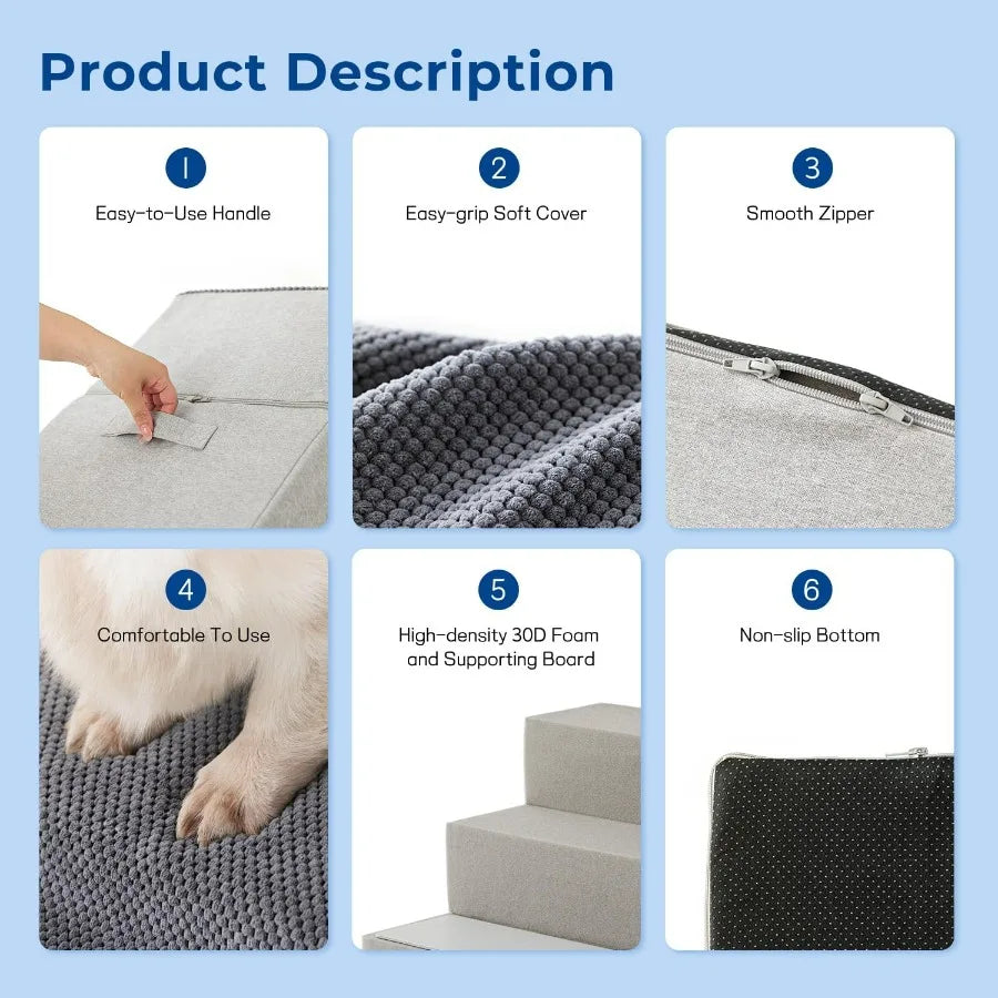 Dog Stairs for Small Dogs Pet Stairs- 2 in 1 with Zippers -Suitable for Couch and Bed -35D Foam Dog Steps with Non Slip Bottom