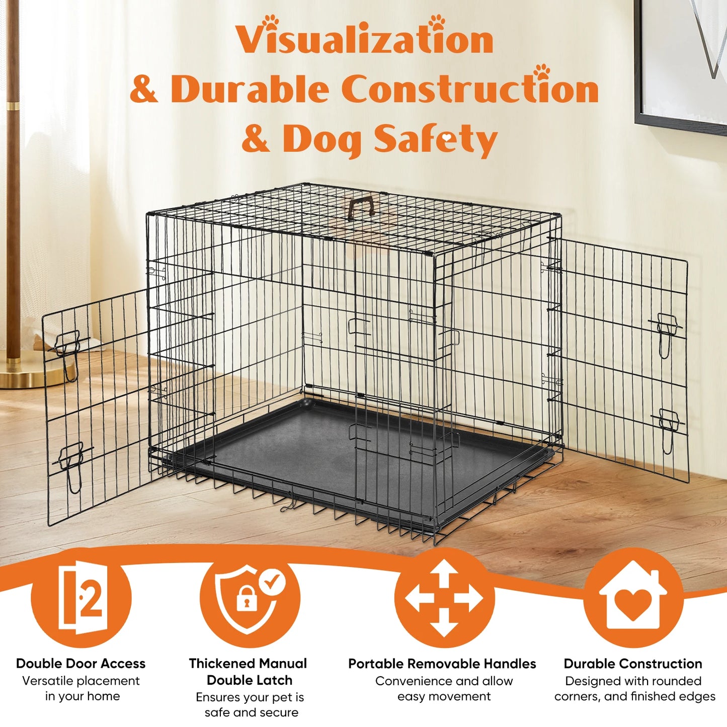 JHK Double Door Folding Metal Wire Dog Cage with Plastic Leak-Proof Pan Tray -Extra Large Pet Kennel for Indoor Outdoor Travel