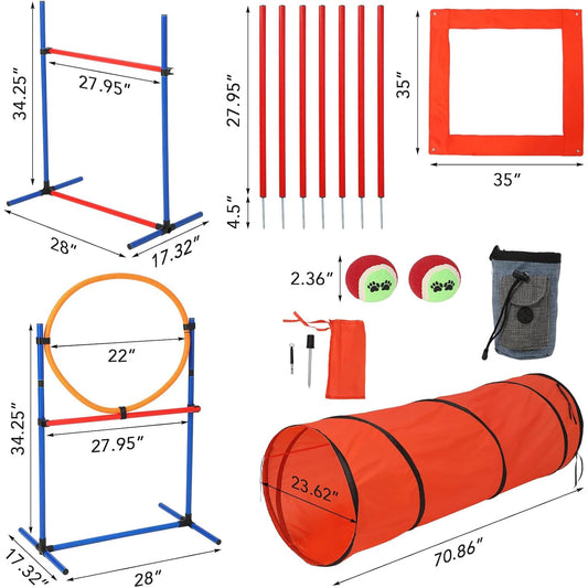 87 Pcs Adjustable Dog Agility Training Equipment Set -Obstacle Course Kit with 70" Tunnel- Tire Jump- Hurdle Jump- Weave Poles for Outdoor Game