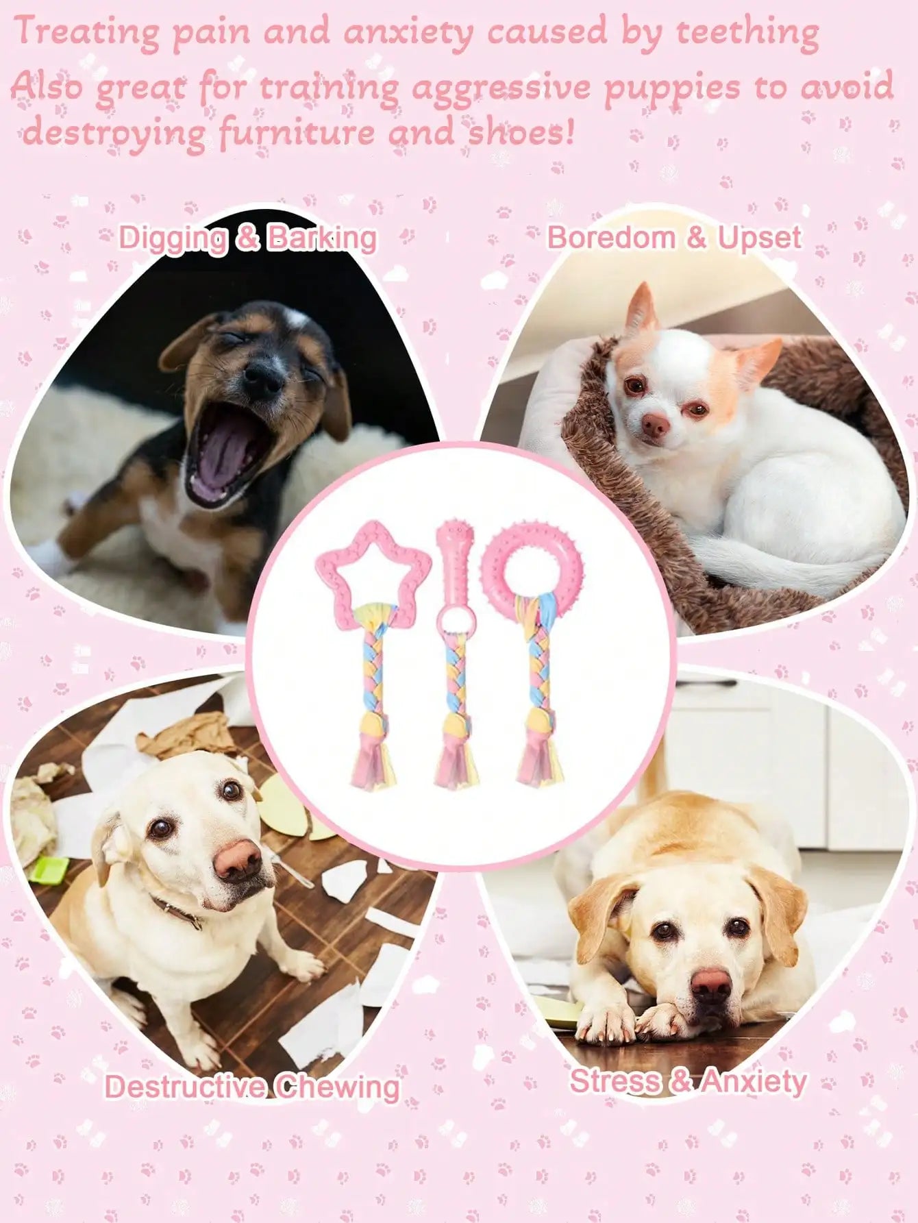 Girl Dog Toys- Teething Toys- Puppy Teething Toys- Puppy Feeding- Dog Supplies- Dog Accessories- Small Dog Chew Toys- Puppy Toys- Pink Dog Supplies With Soft Rubber Balls And Colorful Rope- Not Easily Broken- Easy To Clean- F