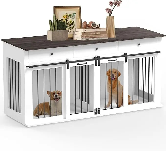 Dog Crate Furniture with Divider- Dog Crate for Small to Large Dogs- Large Indoor Dog Kennel Furniture with Double Doors-3 Drawers