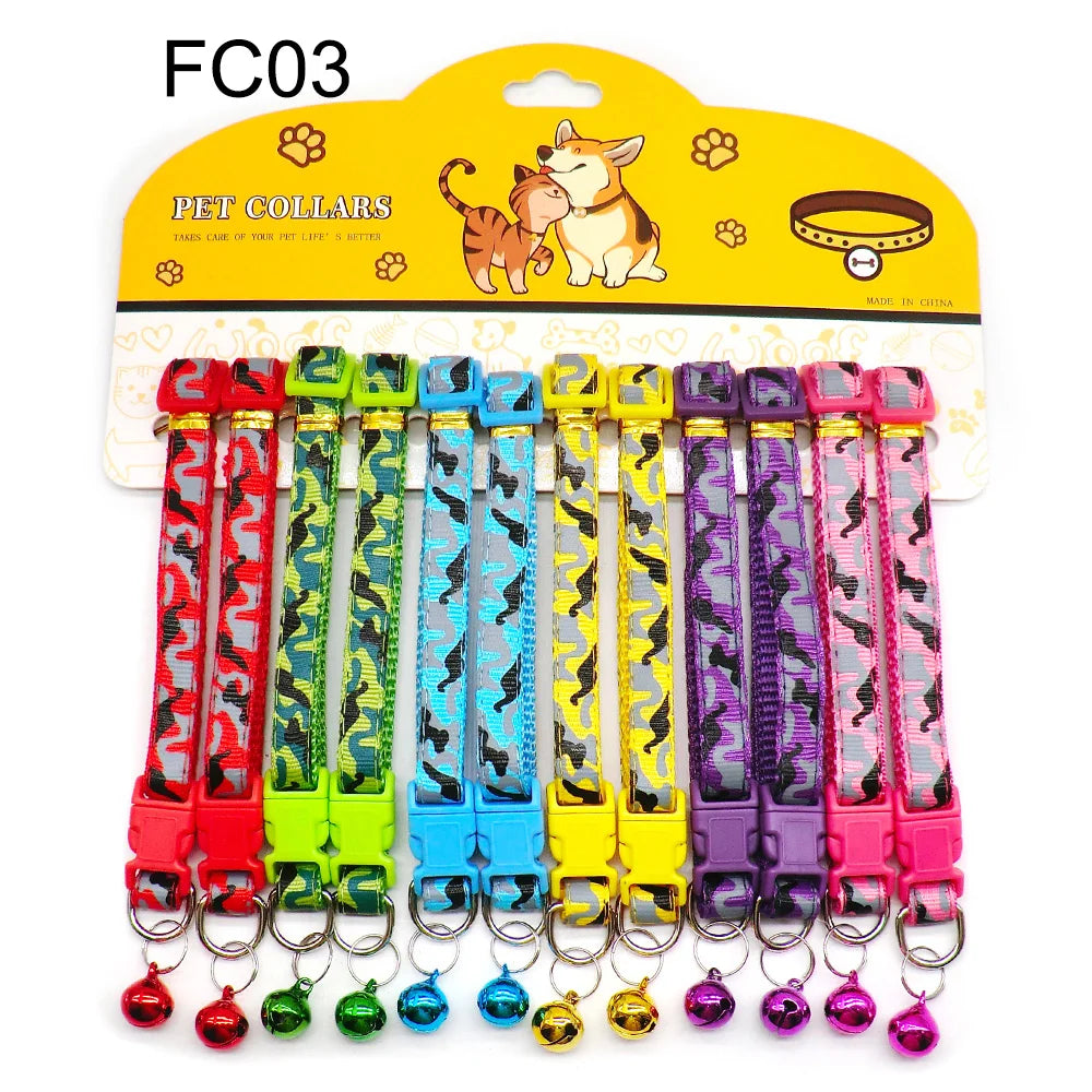 12Pcs Wholesale Mix Color Anti-Lost Dog Collars- Pet Cat Puppy Buckle Collar with Bell- 6 Colors Footprint