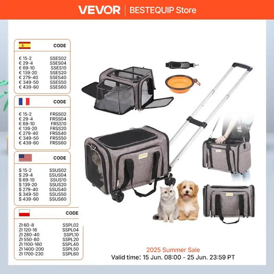 Airline Pet Carrier Stroller- Breathable Outgoing Dog Carry Backpack with Telescopic Handle Wheels and Shoulder Strap for Travel Trip