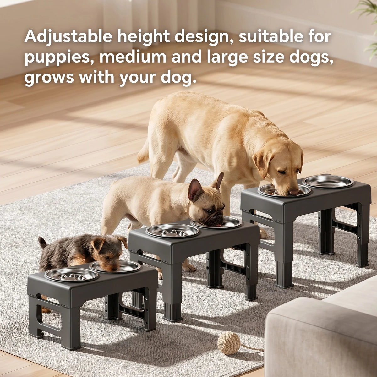 Raised Adjustable Height Dog Feeder- Elevated Double Stainless Steel-Food/Water Bowl- Non‑Slip Base- Anti‑Spill Design- Ergonomic Design- Slow‑Feed For Small Medium Large Dogs-Pet Bowls/Feeding