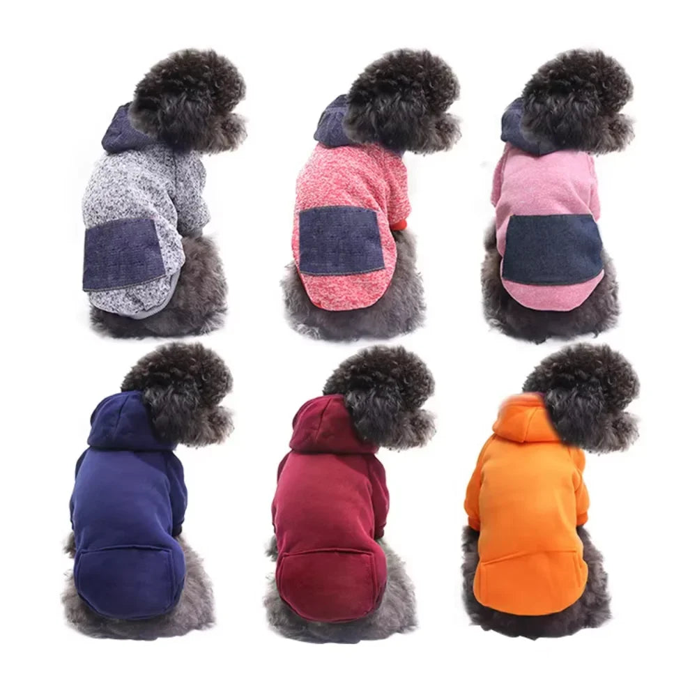 Dog Hoodie- Warm Autumn Winter Coat- Solid Color- Cotton with Pocket