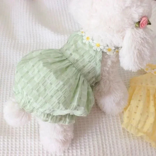 Breathable Pet Small Daisey Dress-thin Summer Dresses- Green/Yellow